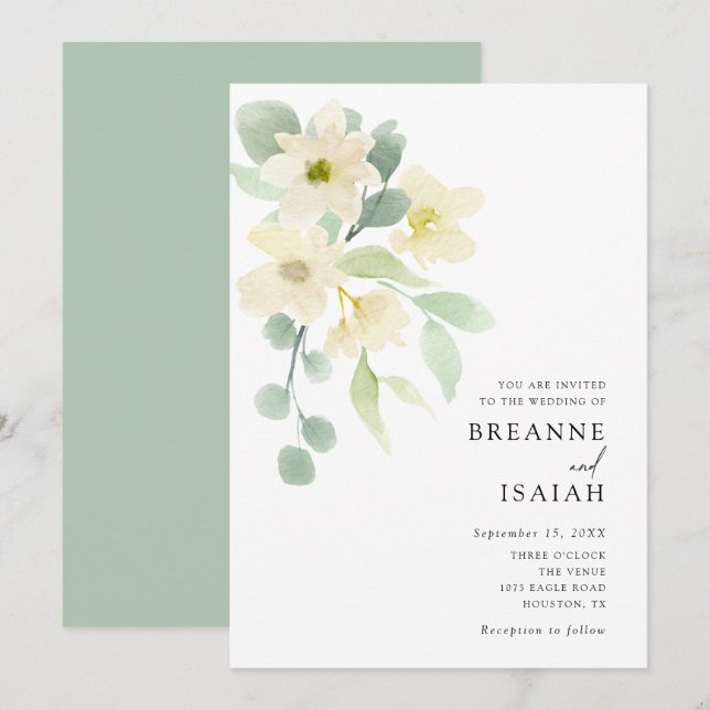 Elegant Simple Watercolor Greenery Wedding | Invitation (Front/Back)