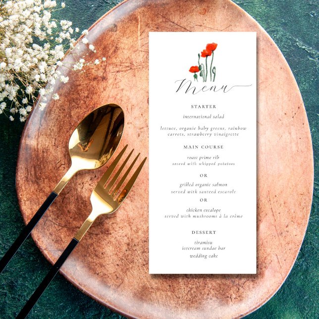 Elegant Simple Watercolor Red Poppy Floral Wedding Menu (Creator Uploaded)