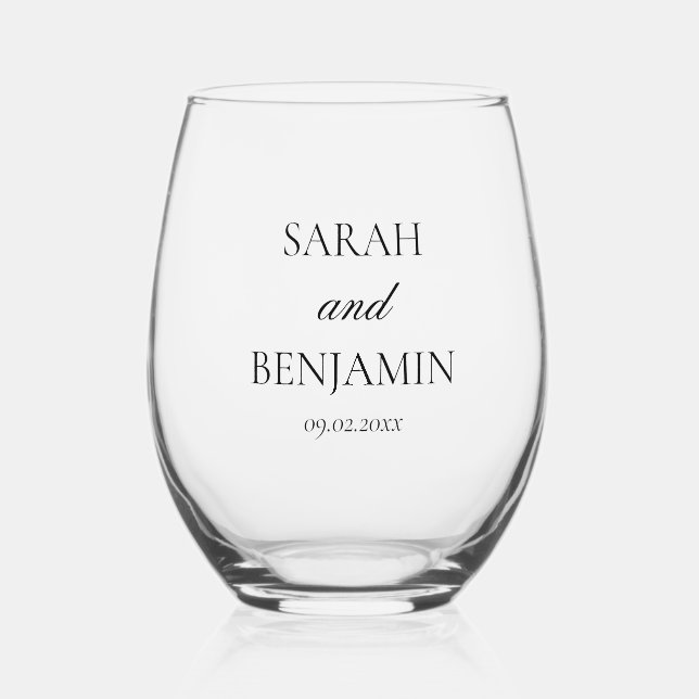 Elegant Simple Wedding Keepsake Gift Stemless Wine Glass (Front)