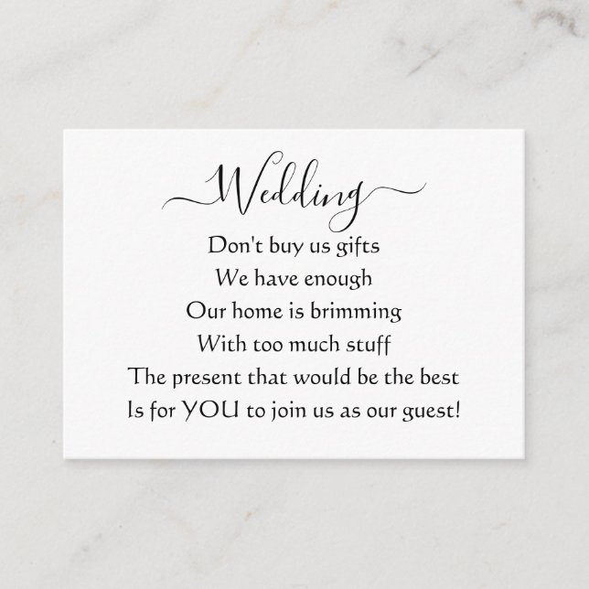 Elegant Simple Wedding No Gifts Poem  Enclosure Card (Front)
