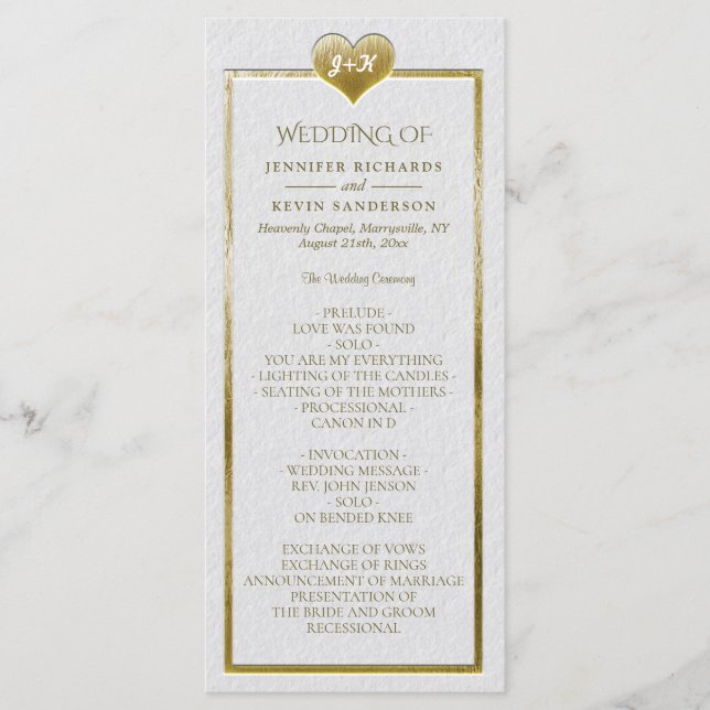 Elegant Simple Wedding Program with Gold Heart Programme (Front)