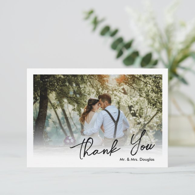 Elegant simple weddings script typography photo thank you card (Standing Front)