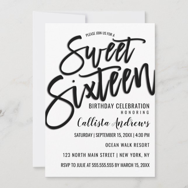 Elegant Simple White and Black Typography Sweet 16 Invitation (Front)