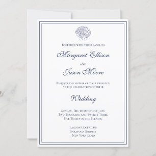 Elegant Simple White and Blue Shell Sea Wedding Invitation