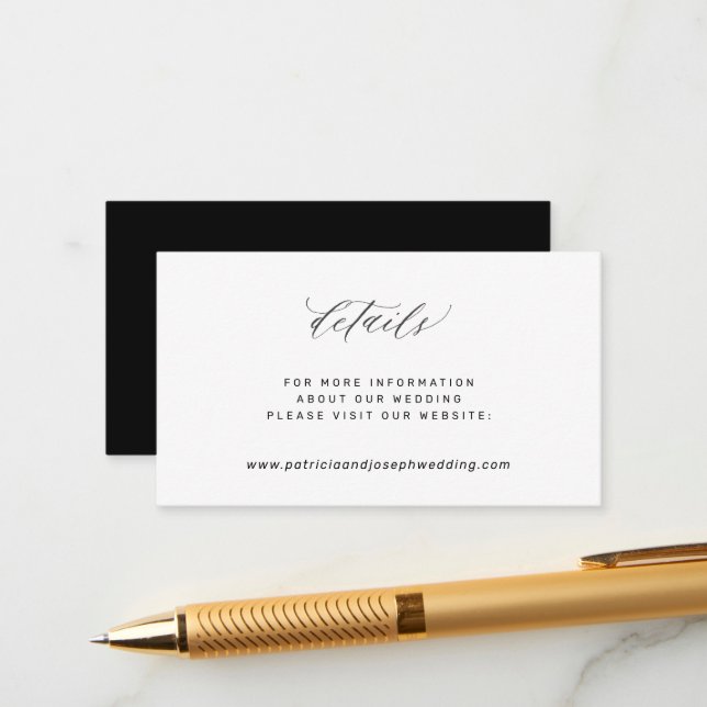 Elegant simple white black wedding website details enclosure card (Front/Back In Situ)