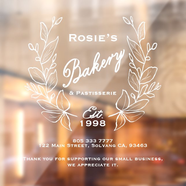 Elegant Simple White Botanical Wreath Bakery Logo Window Cling (Sheet 2)