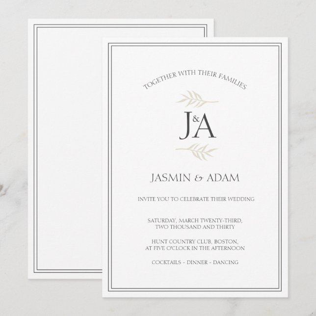 Elegant Simple White Classic Initials Wedding  Invitation (Front/Back)