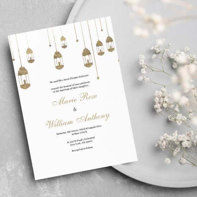 Elegant simple white gold lantern lights Wedding  Invitation (Elegant simple white gold lantern lights Wedding )