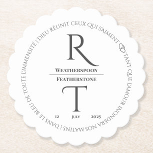 Elegant Simple White Grey Monogram Wedding Paper Coaster