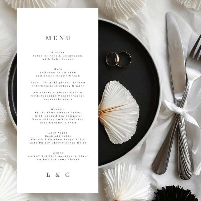 Elegant Simple White Monogram Wedding Menu (Creator Uploaded)