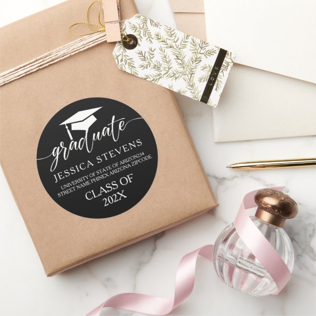 Elegant simple white script Calligraphy On Black Classic Round Sticker (Gifting)