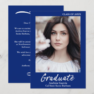 Elegant Simple White Text Blue Graduate Photo Announcement