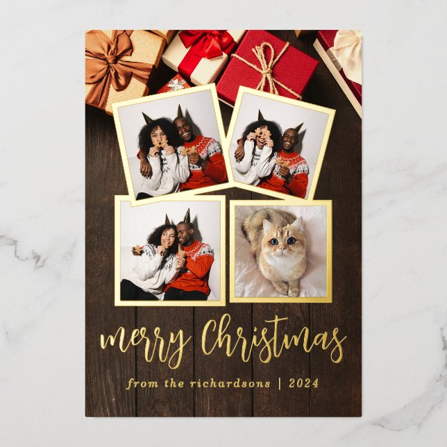  Elegant Simple winter Christmas Family 5 Photo Foil Holiday Card (Front)