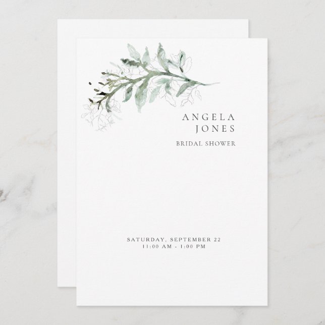 Elegant Simplicity Foliage White Bridal Shower Invitation (Front/Back)