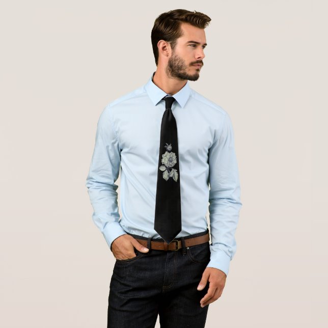 Elegant Single Silver Peony Flower Black Floral Tie (In Situ)