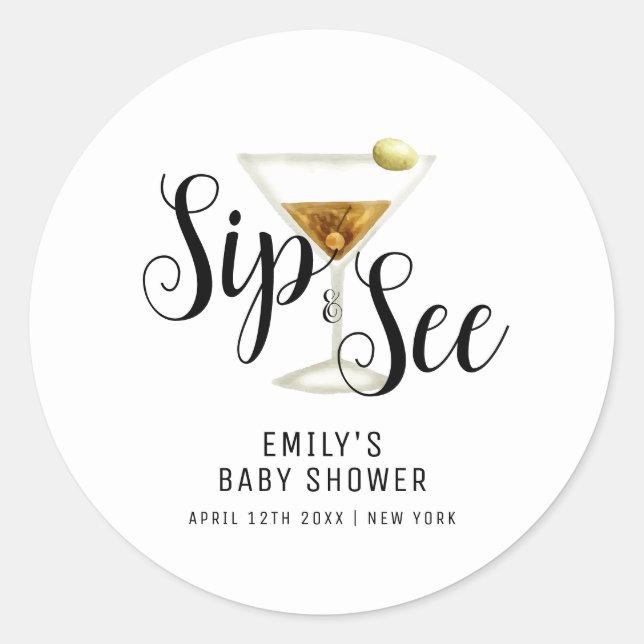 Elegant Sip & See Martini Cocktail Baby Shower  Classic Round Sticker (Front)