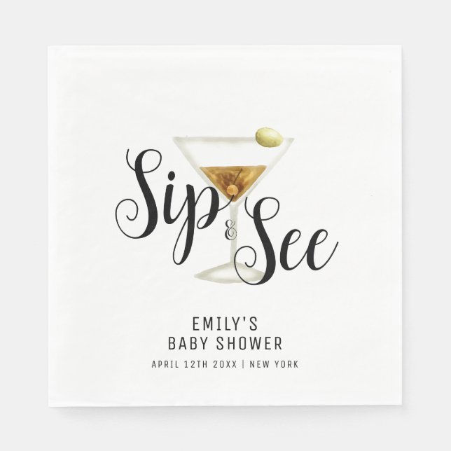 Elegant Sip & See Martini Cocktail Baby Shower  Napkin (Front)