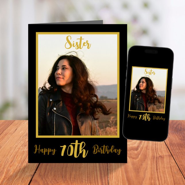 Elegant Sister 70th Birthday Black Gold Photo Card (Creator Uploaded)