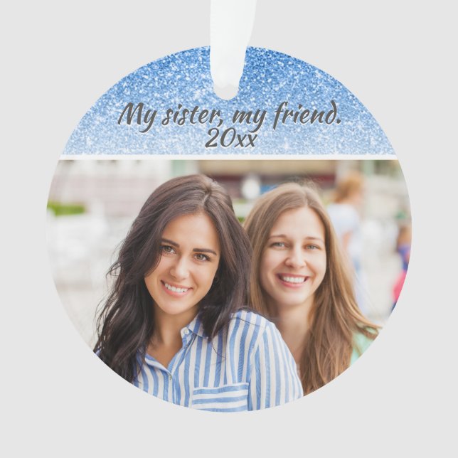 Elegant Sister Blue Glitter 2 sided 2 photo Ornament (Front)
