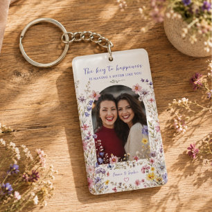 Elegant Sister Watercolor Wildflower & Photo Key Ring