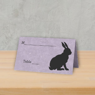 Elegant Sitting Rabbit in Black Silhouette Purple Place Card