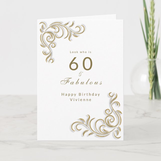 Elegant sixty and fabulous birthday gold scroll card (Front)