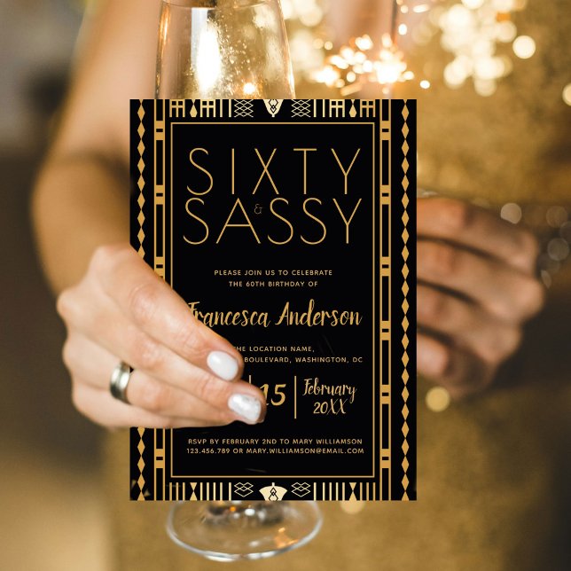 Elegant Sixty and Sassy Black Gold Art Deco 60th Invitation (Sixty and Sassy Elegant Art Deco Birthday)