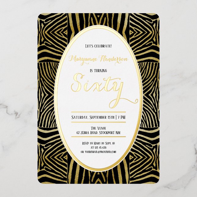 Elegant Sixty black Gold Zebra birthday (Front)