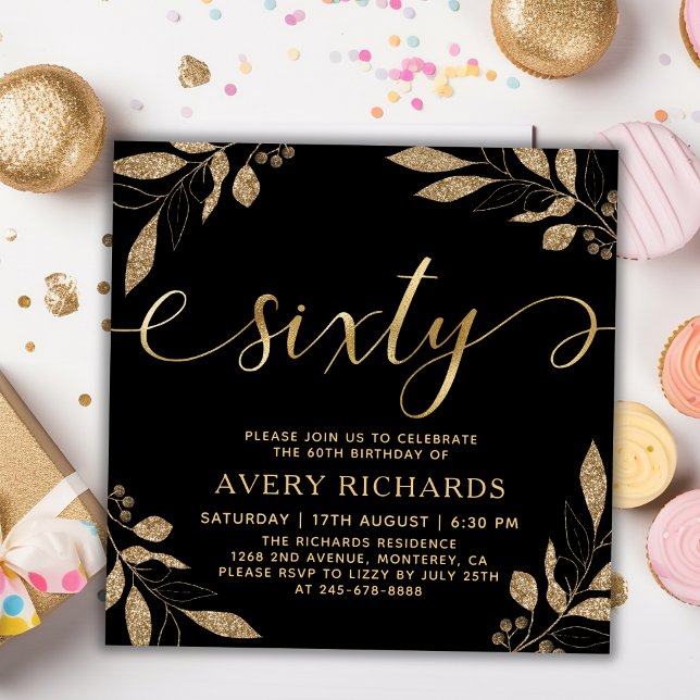 Elegant  Sixty Gold Script Black 60th Birthday Invitation (Creator Uploaded)