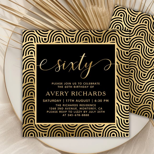 Elegant Sixty Script Black and Gold 60th Birthday Invitation (Creator Uploaded)