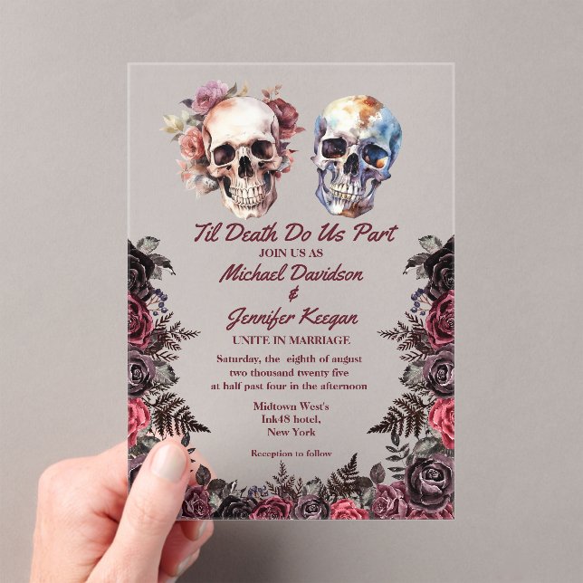 elegant skeleton floral gothic halloween wedding  acrylic invitations (Insitu (Handheld))