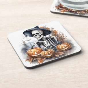 Elegant Skeleton Halloween Watercolor Coaster