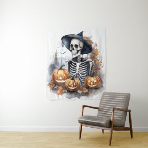 Elegant Skeleton Halloween Watercolor Tapestry