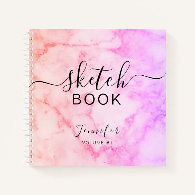 Elegant Sketchbook Your Name Script Marble Notebook (Front)