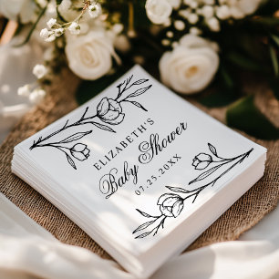 Elegant Sketched Black Floral Baby Shower Napkin