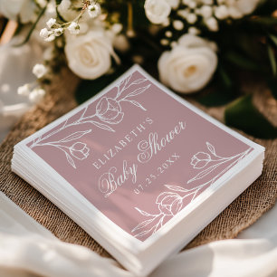 Elegant Sketched Floral Dusty Rose Baby Shower Napkin