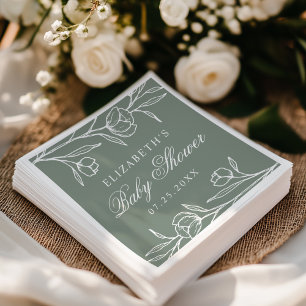 Elegant Sketched Floral Sage Green Baby Shower Napkin