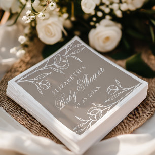 Elegant Sketched Floral Taupe Baby Shower Napkin