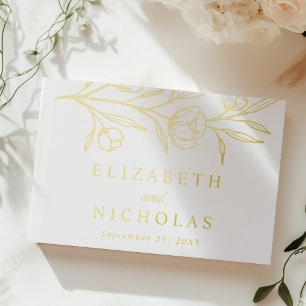 Elegant Sketched Gold Foil Floral Photo Wedding Guest Book