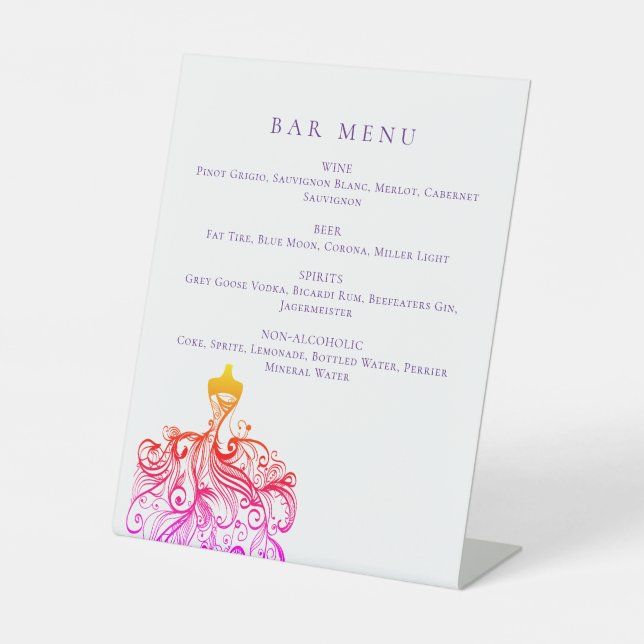 Elegant Sketched Quinceañera Dress Bar Menu Pedestal Sign (Front)