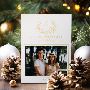 Elegant Sketched Vintage Flourish Monogram Photo Foil Holiday Card