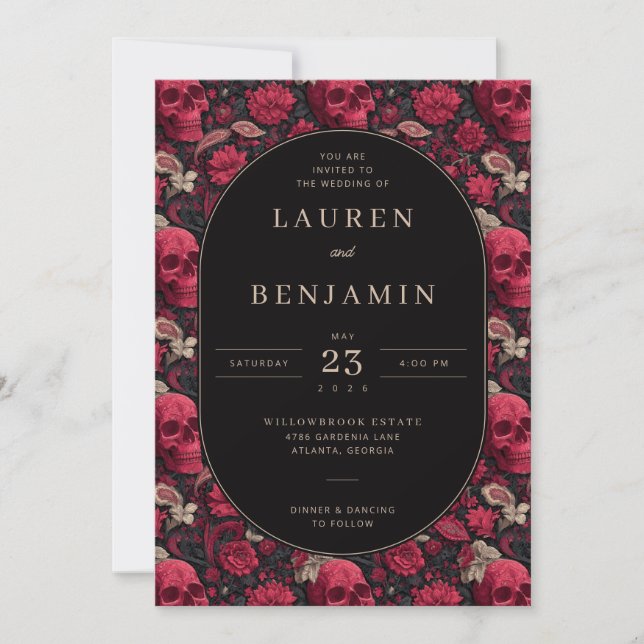 Elegant Skull and Floral Wedding Invitation (Front)