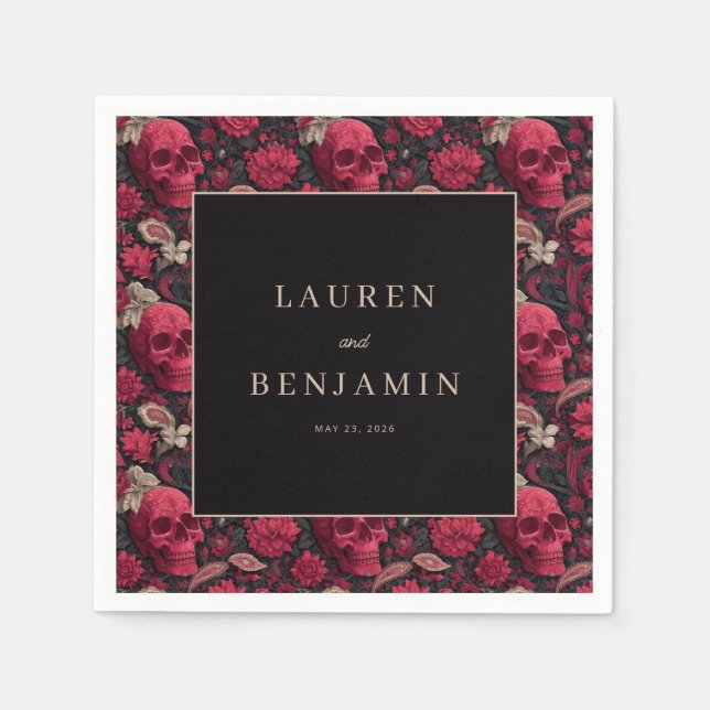 Elegant Skull and Floral Wedding Invitation Napkin (Front)