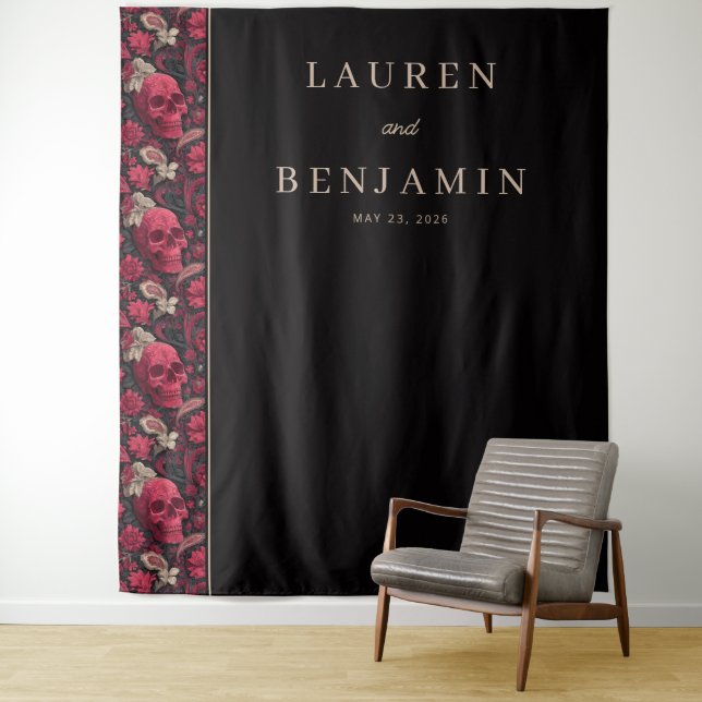 Elegant Skull and Floral Wedding Invitation Tapestry (In Situ)
