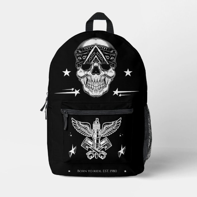 Elegant skull Born to ride black and white Modern Printed Backpack (Front)