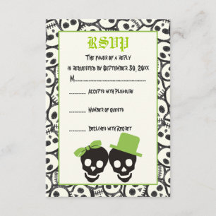 Elegant skulls Halloween green wedding RSVP card