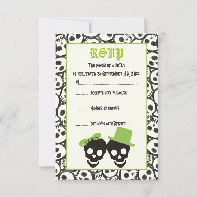 Elegant skulls Halloween green wedding RSVP card (Front)