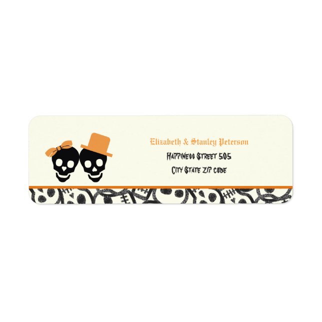 Elegant skulls Halloween orange wedding label (Front)