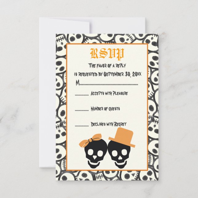 Elegant skulls Halloween orange wedding RSVP card (Front)