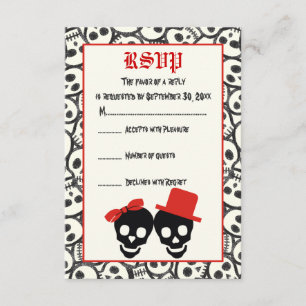 Elegant skulls Halloween red black wedding RSVP Card